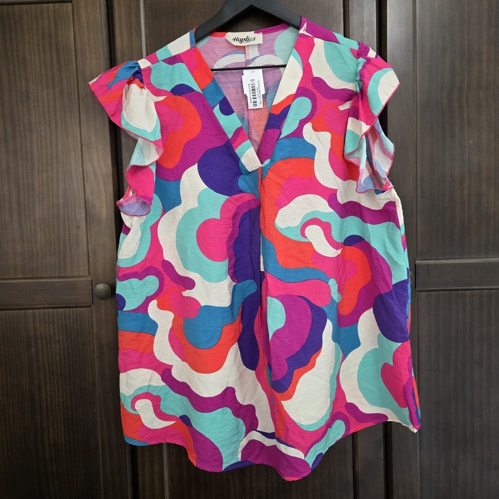 Haptics Holly Harper Abstract Flutter Sleeve V-Neck Blouse Multicolor Bold Artsy